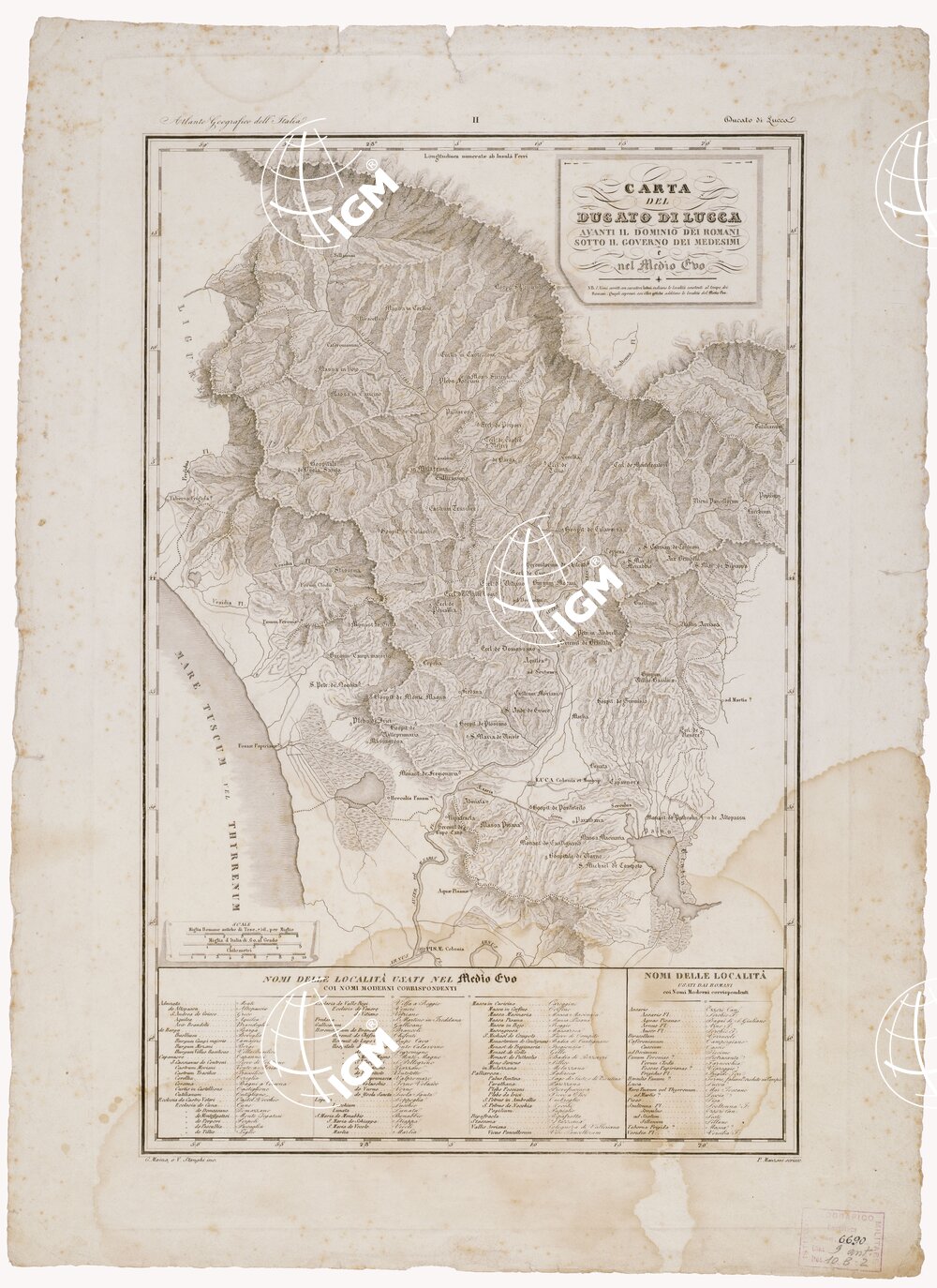 Atlante geografico d'Italia, II, Ducato di Lucca, CARTA DEL DUCATO DI LUCCA AVANTI IL DOMINIO DEI ROMANI SOTTO IL GOVERNO DEI MEDESIMI E NEL MEDIO EVO