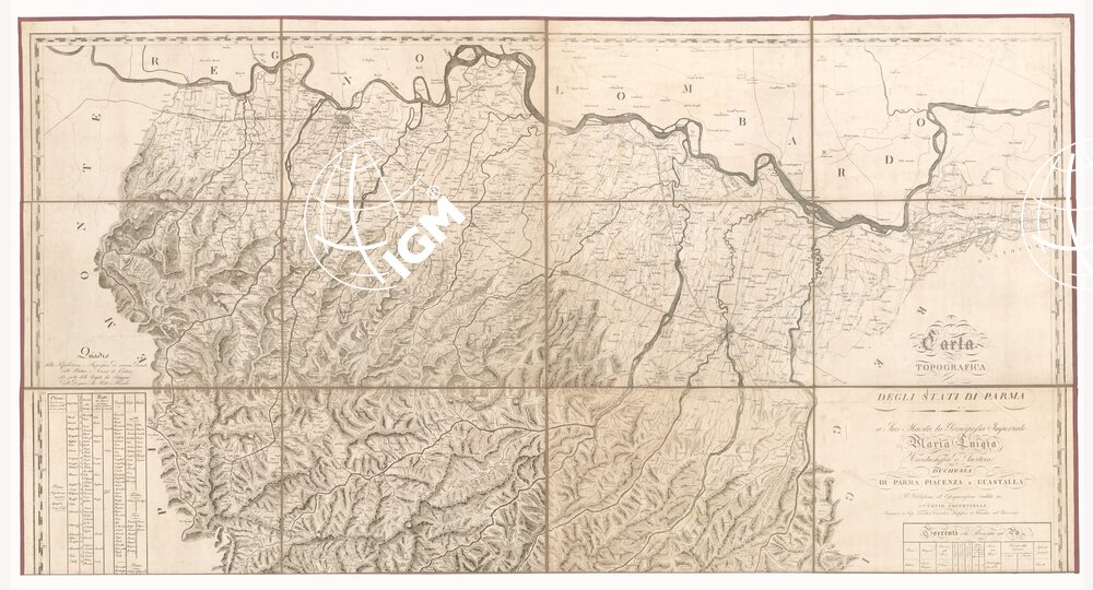 CARTA TOPOGRAFICA DEGLI STATI DI PARMA. A SUA MAESTA' LA PRINCIPESSA IMPERIALE MARIA LUIGIA ARCIDUCHESSA D'AUSTRIA, DUCHESSA DI PARMA, PIACENZA E GUASTALLA
