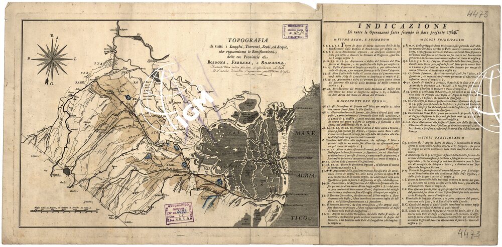TOPOGRAFIA DI TUTTI I LUOGHI, TORRENTI, SCOLI, ED ACQUE CHE RIGUARDANO LE BONIFICAZIONI DELLE TRE PROVINCIE DI BOLOGNA, FERRARA E ROMAGNA