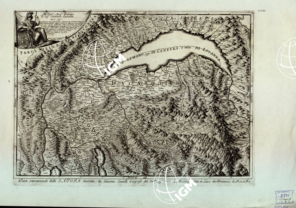 LA SAVOIA DIVISA NELLE SUE PRINCIPALI PROVINCIE DA GIACOMO CANTELLI DA GIACOMO CANTELLI DA VIGNOLA, GEOGRAFO DEL DUCA DI MODENA, DATA IN LUCE DA DOMENICO DE ROSSI IN ROMA ALLA PACE - Parte meridionale - Tavola 1