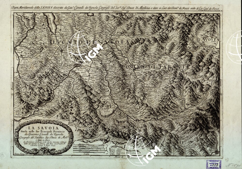 LA SAVOIA DIVISA NELLE SUE PRINCIPALI PROVINCIE DA GIACOMO CANTELLI DA GIACOMO CANTELLI DA VIGNOLA, GEOGRAFO DEL DUCA DI MODENA, DATA IN LUCE DA DOMENICO DE ROSSI IN ROMA ALLA PACE - Parte settentrionale -Tavola 2