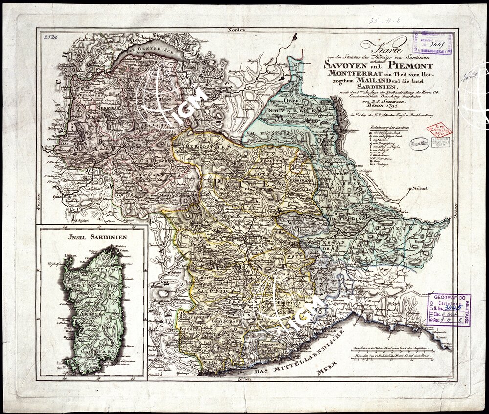 KARTE VON DEN STAATEN DES KONIGS VON SARDINIEN SAVOYEN UND PIEMONT MONTFERRAT EIN THEIL VOM HER ZOGTMUM MALAND UND DIE INSEL SARDINIEN.