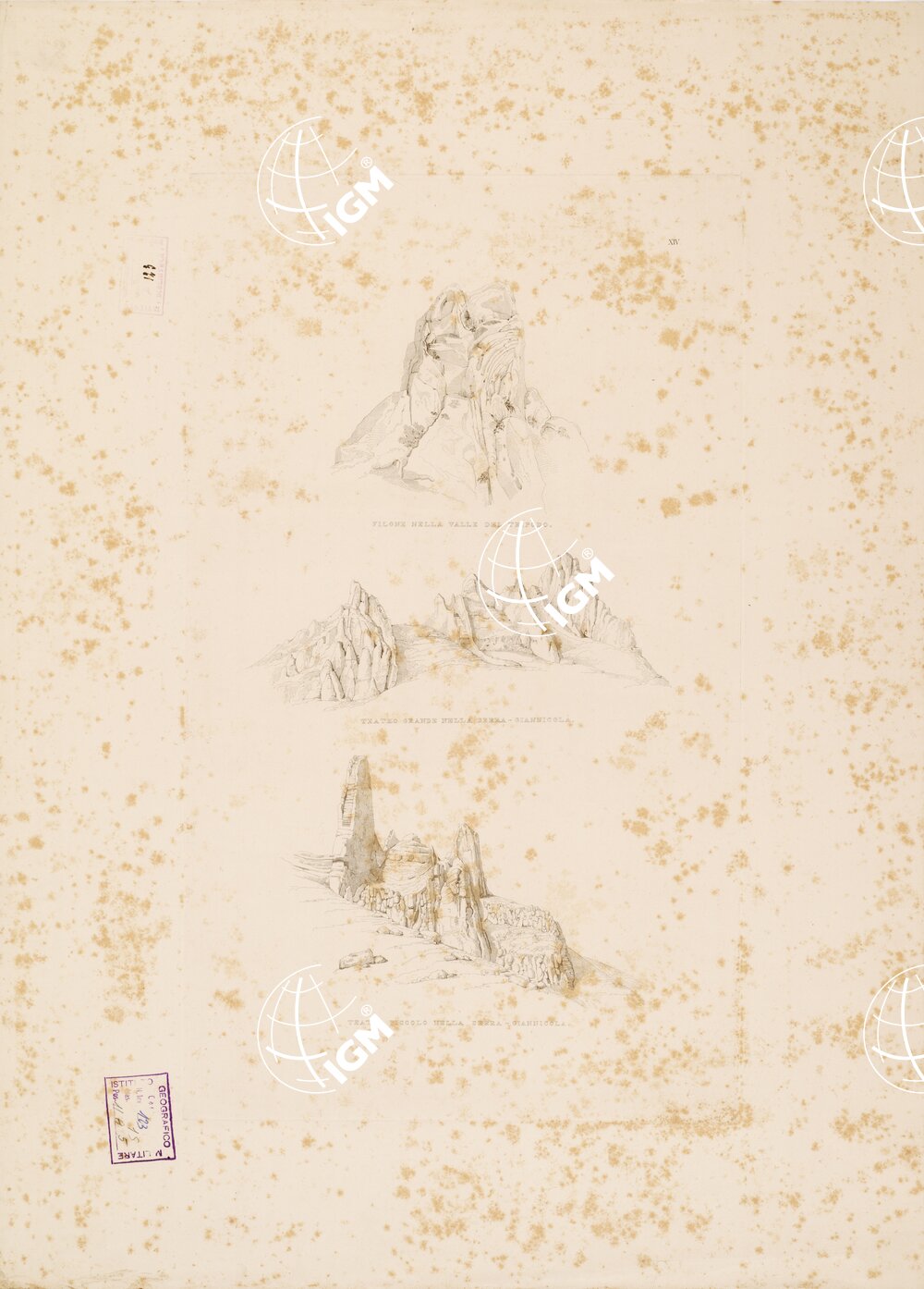 I. CARTA TOPOGRAFICA DELL'ETNA... - II. CARTA GEOLOGICA DELL'ETNA... - Veduta XIV - Filone nella Valle del Tripodo-Teatro grande e piccolo nella Serra Giannicola