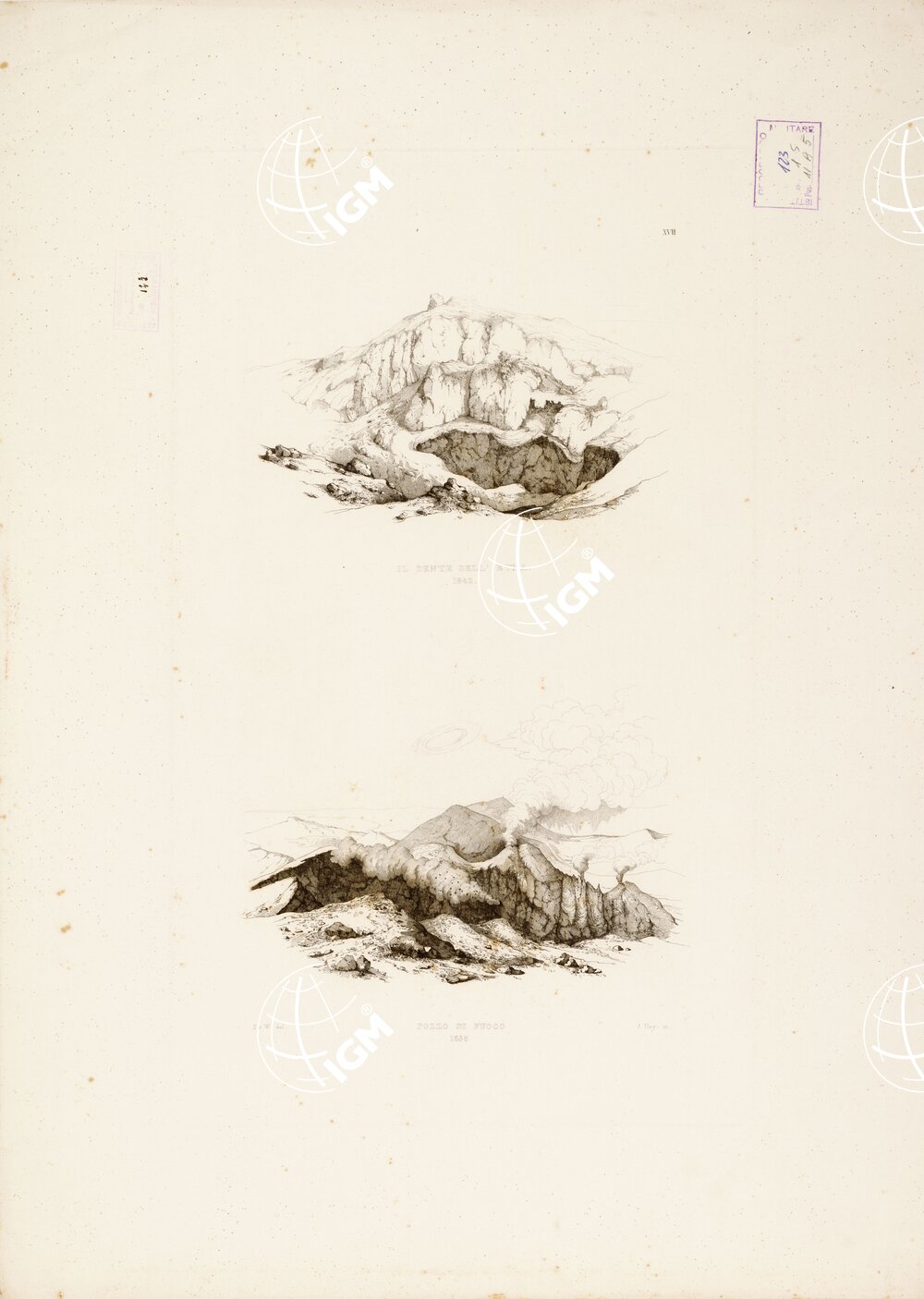 I. CARTA TOPOGRAFICA DELL'ETNA... - II. CARTA GEOLOGICA DELL'ETNA... - Veduta XVII - Il dente dell'Etna 1842-Pozzo di Fuoco 1836