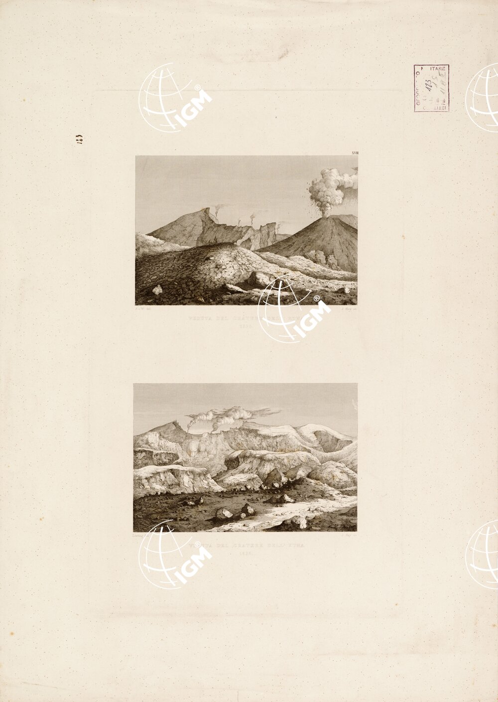 I. CARTA TOPOGRAFICA DELL'ETNA... - II. CARTA GEOLOGICA DELL'ETNA... - Veduta XVIII - Veduta del cratere dell'Etna 1838-1836