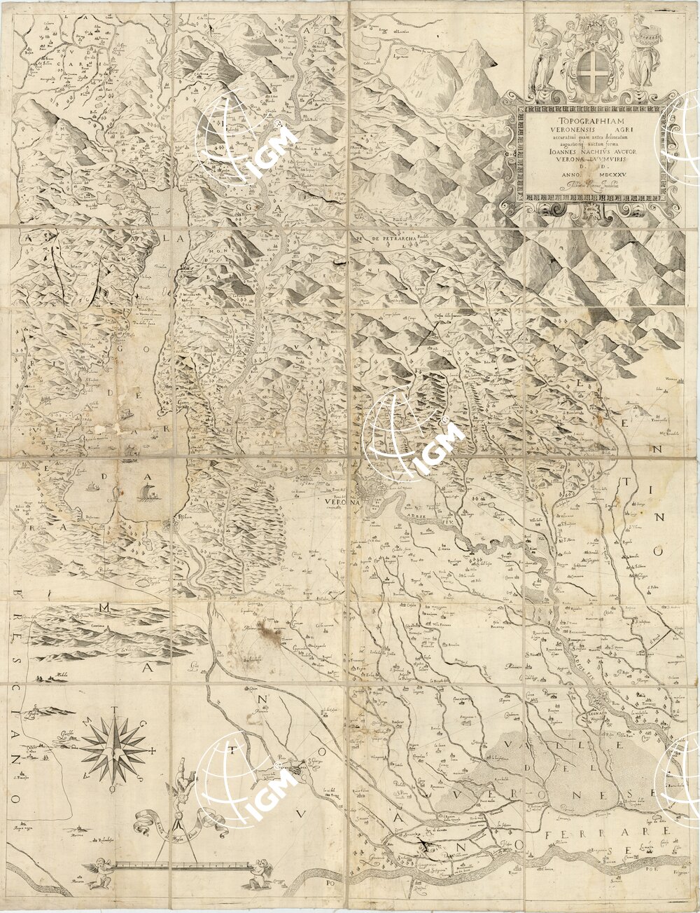TOPOGRAPHIAM VERONENSIS AGRI ACCURATIUS QUAM ANTEA DELINEATAM AUGUSTIORIQ AUCTAM FORMA JOANNES NACHIUS AUCTOR VERONAE DUUMVIRIS D. D. ANNO MDCXXV. ALBERTUS RONCUS INCIDEBAT