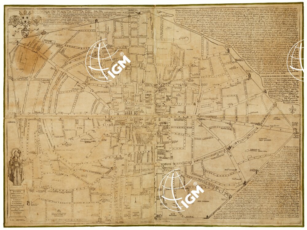 BOLOGNA IN PIANTA CITTA' DEL PAPA DATA IN LUCE L'ANNO M.D.C.L.X.X.X.X.II DOVE SONO DESCRITTE TUTTE LE CHIESE, OSPITALI, LUOGHI PII, ECC.