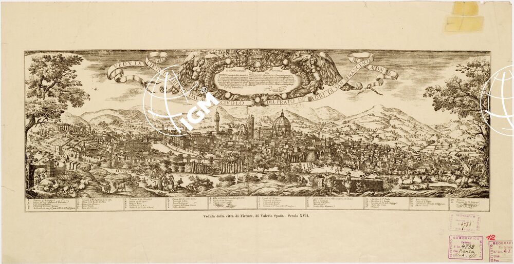 VEDUTA DELLA CITTA' DI FIRENZE DAL MURICCIOLO DEL PRATO DE' PADRI DI SAN FRANCESCO AL MONTE. Epoca 1650.