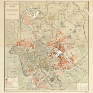 PIANTA GENERALE DI ROMA SECONDO LE ULTIME MODIFICAZIONI OD AGGIUNTE DEL PIANO REGOLATORE, COMPRESOVI ANCORA LA NUOVA CINTA DAZIARIA, QUARTIERI SUBURBANI E PERIMETRO DELLA PASSEGGIATA ARCHEOLOGICA
