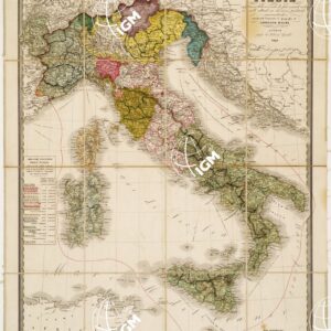 CARTA STRADALE E POSTALE DELL'ITALIA RAPPRESENTATA SECONDO LE PIU' RECENTI NOTIZIE NELLE ATTUALI SUE DIVISIONI POLITICHE E AMMINISTRATIVE ESPOSTE NEL COMPENDIO DI GEOGRAFIA DI ADRIANO BALBI. LIVORNO, PRESSO LA LIBRERIA GAMBO.