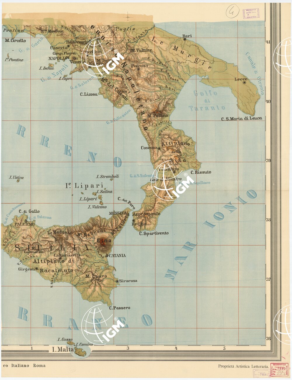CARTA FISICA D'ITALIA PUBBLICATA DALL'ISTITUTO CARTOGRAFICO ITALIANO COL PATROCINIO DEL COMUNE DI ROMA MDCCCLXXXIX. - Foglio 4