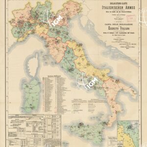CARTA DELLE DISLOCAZIONI DELL'ESERCITO ITALIANO CON UNA TAVOLA DIMOSTRATIVA DELL'ORDINE DI BATTAGLIA E DELL'ORGANIZZAZIONE DELL'ARMATA SIA IN TEMPO DI PACE CHE DI GUERRA