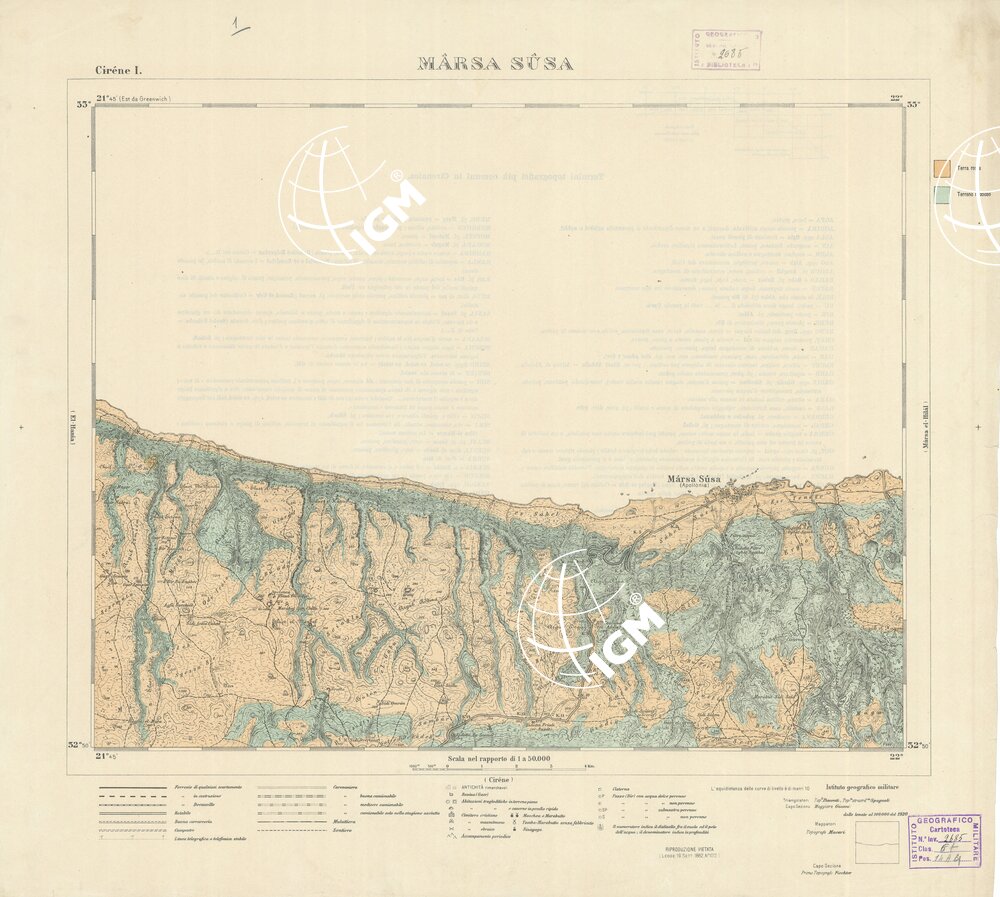 CARTA TOPOGRAFICA DELLA CIRENAICA ALLA SCALA DI 1:50.000 - CIRENE I - Marsa Susa - Varie specie di terreno