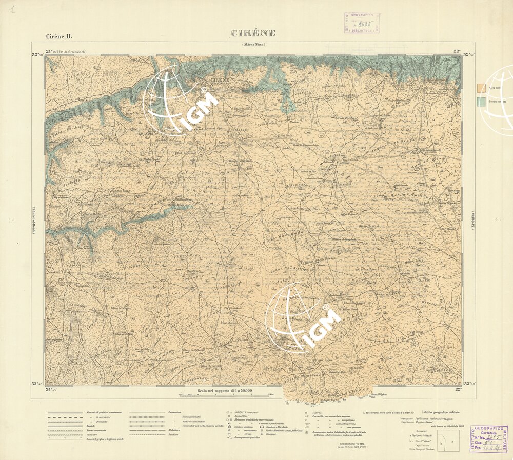 CARTA TOPOGRAFICA DELLA CIRENAICA ALLA SCALA DI 1:50.000 - CIRENE II - Cirene - Varie specie di terreno
