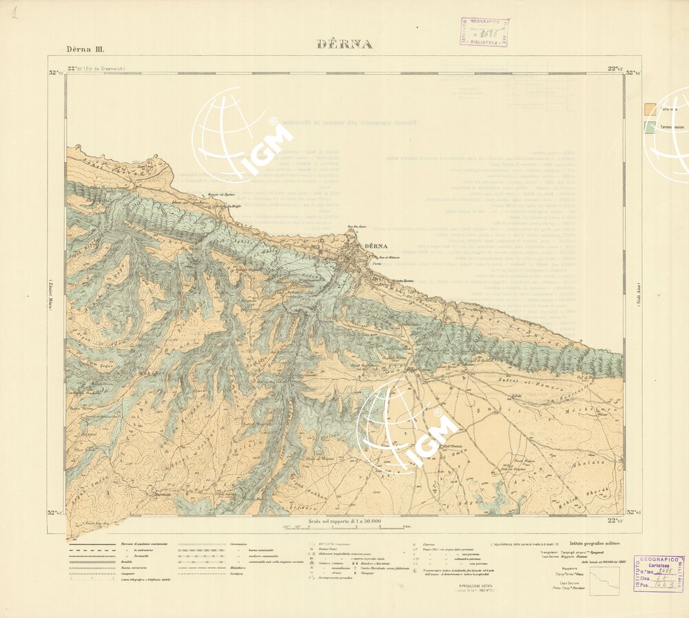 CARTA TOPOGRAFICA DELLA CIRENAICA ALLA SCALA DI 1:50.000 - DERNA III - Derna
