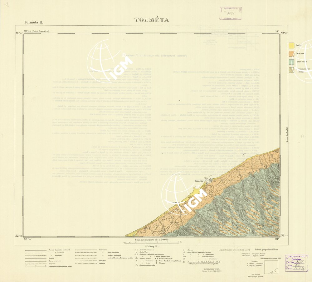 CARTA TOPOGRAFICA DELLA CIRENAICA ALLA SCALA DI 1:50.000 - TOLMETA II - Tolmeta - Varie specie di terreni