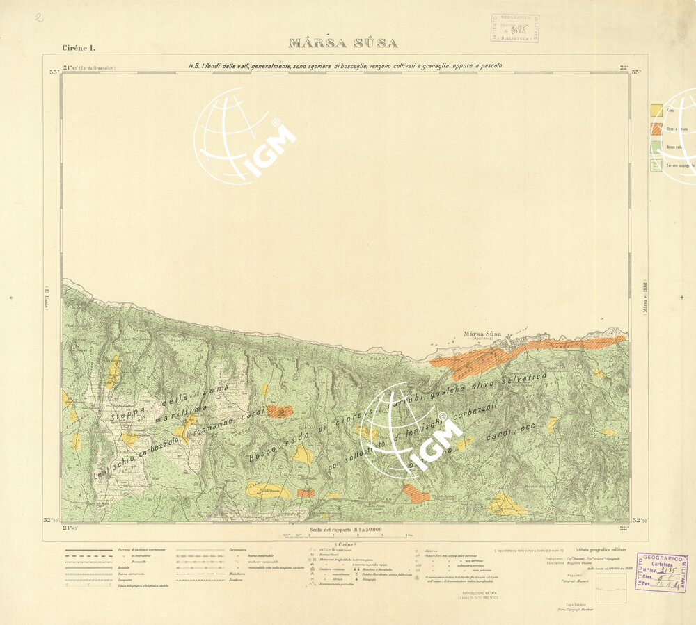 CARTA TOPOGRAFICA DELLA CIRENAICA ALLA SCALA DI 1:50.000 - CIRENE I - Marsa Susa