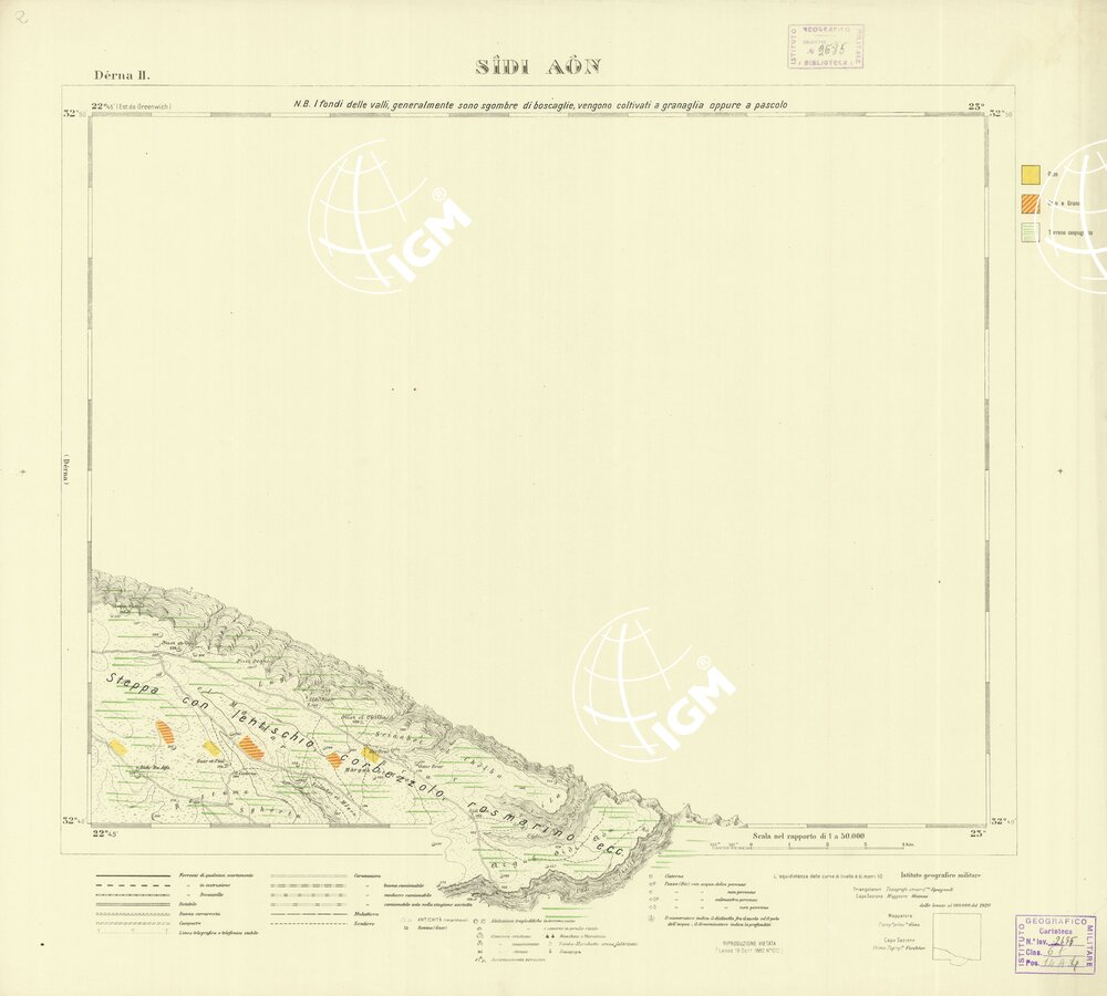 CARTA TOPOGRAFICA DELLA CIRENAICA ALLA SCALA DI 1:50.000 - DERNA II - Sidi Aon