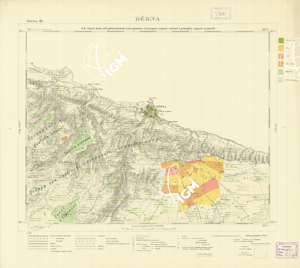CARTA TOPOGRAFICA DELLA CIRENAICA ALLA SCALA DI 1:50.000 - DERNA III - Derna