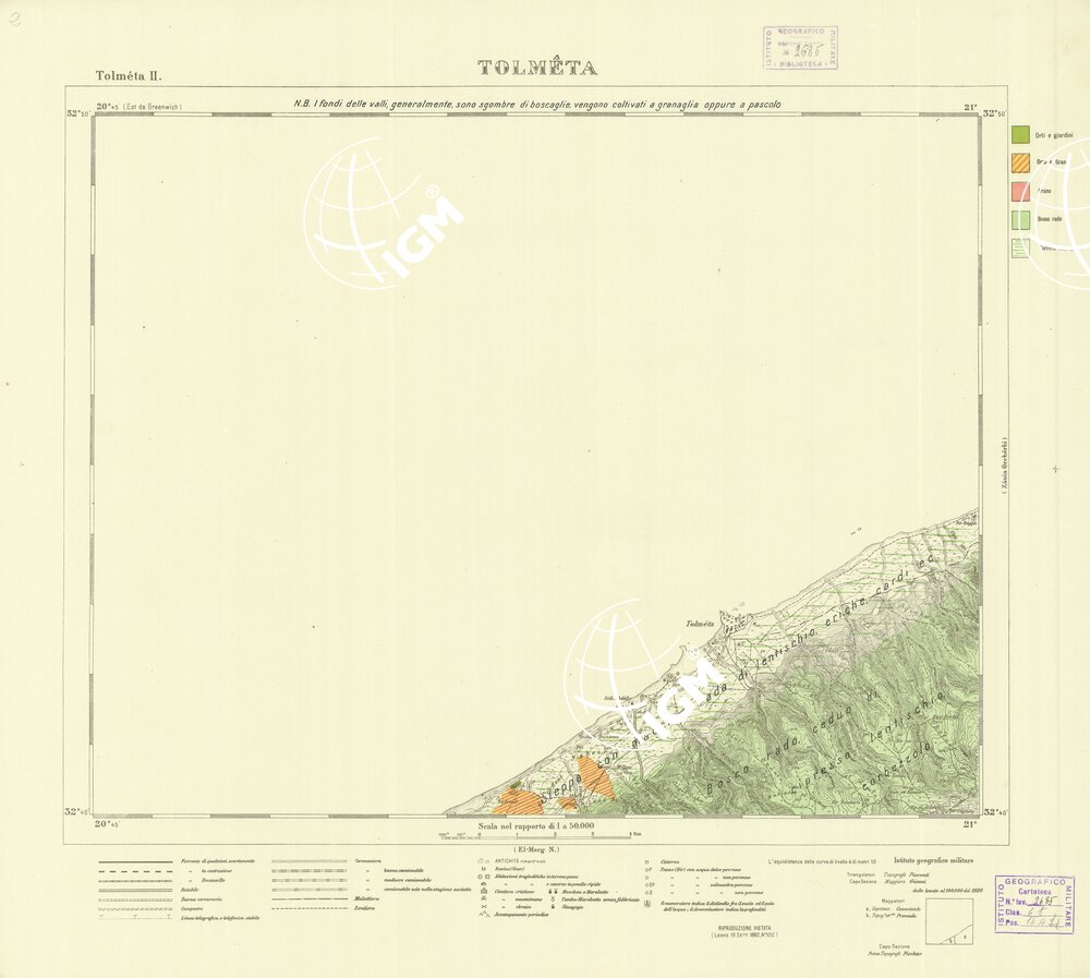 CARTA TOPOGRAFICA DELLA CIRENAICA ALLA SCALA DI 1:50.000 - TOLMETA II - Tolmeta - Boschi e colture
