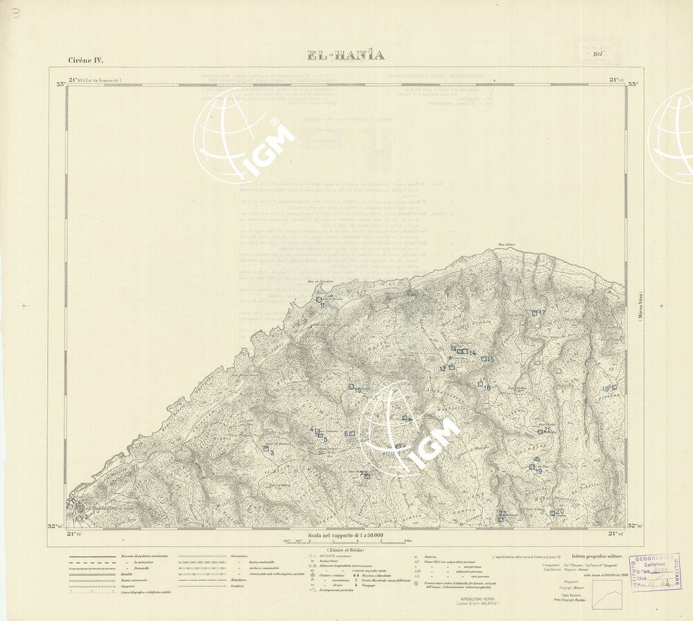 CARTA TOPOGRAFICA DELLA CIRENAICA ALLA SCALA DI 1:50.000 - CIRENE IV - El-Hania