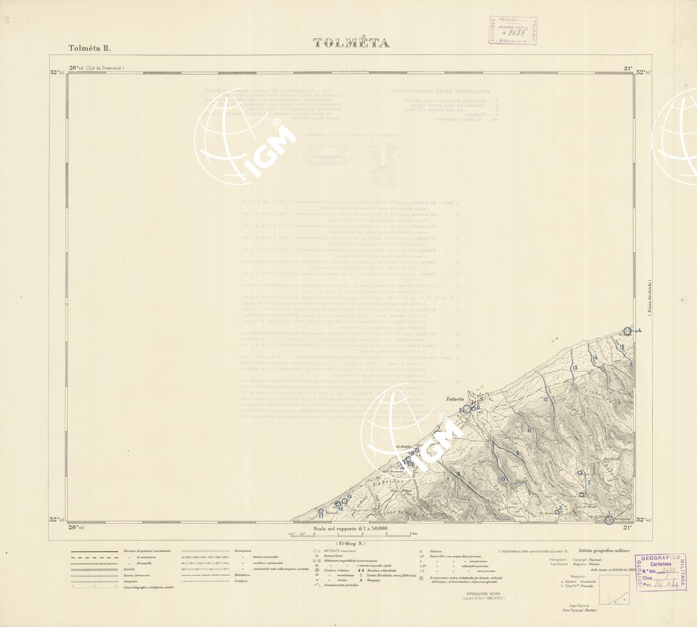 CARTA TOPOGRAFICA DELLA CIRENAICA ALLA SCALA DI 1:50.000 - TOLMETA II - Tolmeta - Pozzi e cisterne