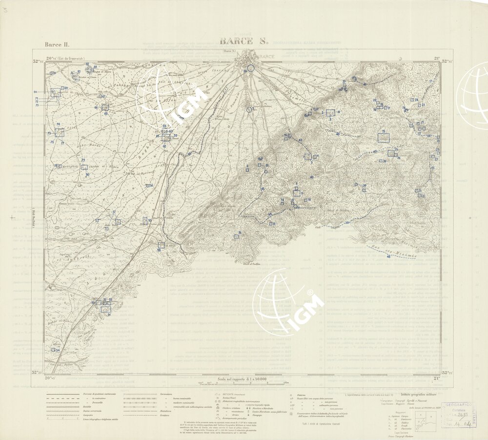 CARTA TOPOGRAFICA DELLA CIRENAICA ALLA SCALA DI 1:50.000 - BARCE II - Barce S. - Pozzi e cisterne