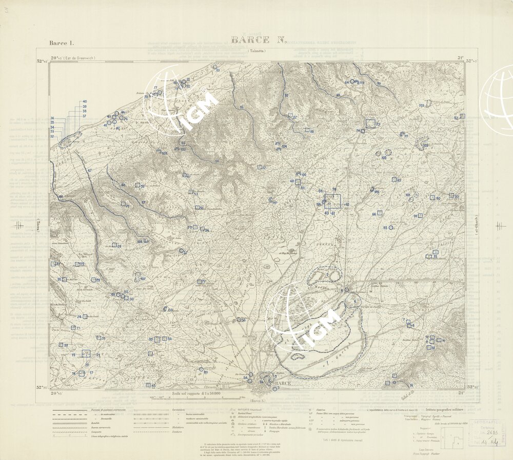 CARTA TOPOGRAFICA DELLA CIRENAICA ALLA SCALA DI 1:50.000 - BARCE I - Barce N. - Pozzi e cisterne