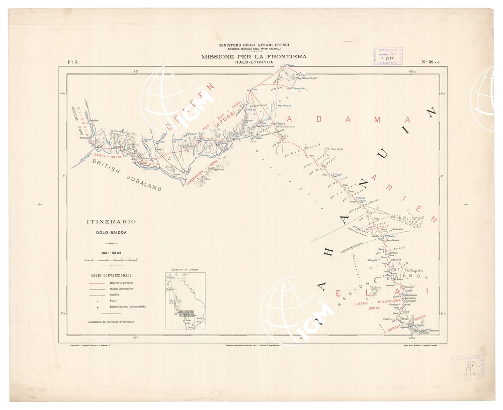 ITINERARIO HARRAR-BRAVA AL 500000
ITINERARIO DELLA MISSIONE PER LA FRONTIERA ITALO-ETIOPICA. Foglio 5