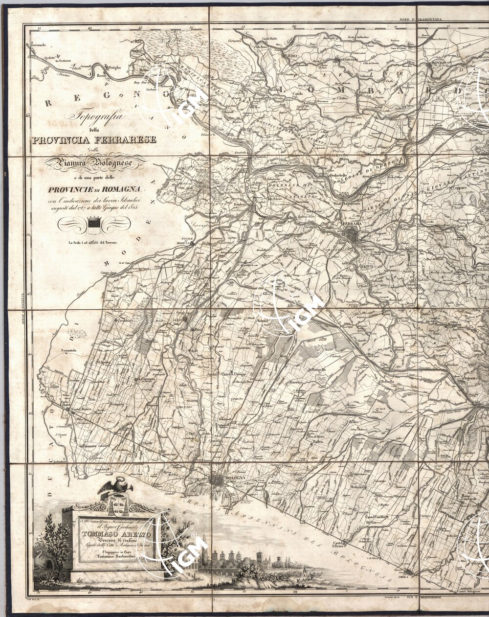 TOPOGRAFIA DELLA PROVINCIA FERRARESE DELLA PIANURA BOLOGNESE E DI UNA PARTE DELLE PROVINCIE DI ROMAGNA CON L'INDICAZIONE DEI LAVORI IDRAULICI ESEGUITI DAL 1767 A TUTTO GIUGNO DEL 1825.