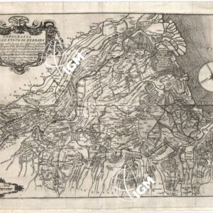 TOPOGRAFIA DELLO STATO DI FERRARA DISEGNATA DALLA FORMA PIU' MODERNA CO' SUOI POLESINI, RIVIERE, VILLE, TERRITORI, FIUMI, VALLI, CONDOTTI, STRADE ET ARGINI CIRCOSCRITTI DA STATI CIRCONVICINI DA GIOSEFFO TOMASO BONFADINI