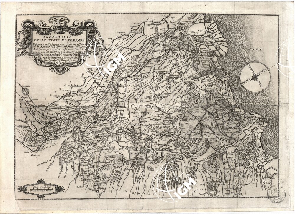 TOPOGRAFIA DELLO STATO DI FERRARA DISEGNATA DALLA FORMA PIU' MODERNA CO' SUOI POLESINI, RIVIERE, VILLE, TERRITORI, FIUMI, VALLI, CONDOTTI, STRADE ET ARGINI CIRCOSCRITTI DA STATI CIRCONVICINI DA GIOSEFFO TOMASO BONFADINI