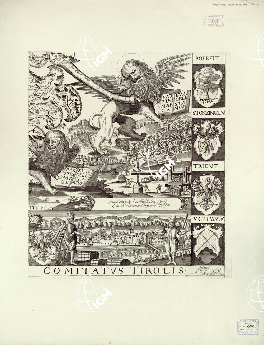 AQUILA TIROLIS - OPUS D. MATTHIE BURGKLEHNER IN THIERBURG ET VOLLANDESEGG J. V. D. OENIPOTENTI MDCXX ANDRE SPENGLER FECIT ET EN. III BLATT N. 4