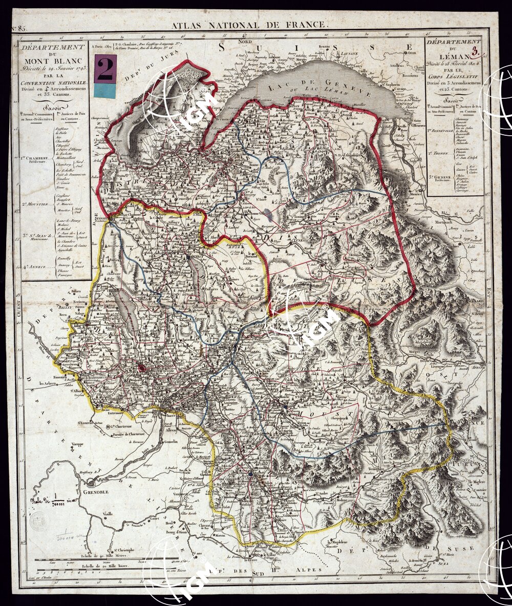 ATLAS NATIONALE DE FRANCE. FOGLIO N. 85 DEPARTEMENT DU MONT BLANC DECRETE LE 29 JANVIER 1793 PAR LA CONVENTION NATIONALE. DEPARTEMENT DU LEMAN DECRETE LE 28 FLORAL AN 6 PAR LE CORPS LEGISLATIFS.
