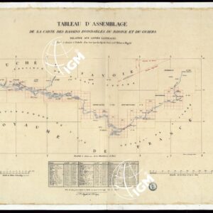 TABLEAU D'ASSEMBLAGE DE CARTE DES BASSINS INONDABLES DU RHONE ET DU GUIERS RELATIVE AUX LIGNES LATERALES LEVEE ET DESSINEE A' L'ECHELLE D'UN 5.000 ME PAR LES CAP. NES DU GENIE CIVIL MELANO ET BAGETTI - QUADRO D'UNIONE.