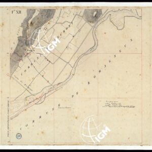 TABLEAU D'ASSEMBLAGE DE CARTE DES BASSINS INONDABLES DU RHONE ET DU GUIERS RELATIVE AUX LIGNES LATERALES LEVEE ET DESSINEE A' L'ECHELLE D'UN 5.000 ME PAR LES CAP. NES DU GENIE CIVIL MELANO ET BAGETTI - FOGLIO XII.