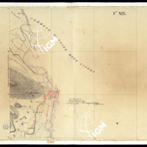TABLEAU D'ASSEMBLAGE DE CARTE DES BASSINS INONDABLES DU RHONE ET DU GUIERS RELATIVE AUX LIGNES LATERALES LEVEE ET DESSINEE A' L'ECHELLE D'UN 5.000 ME PAR LES CAP. NES DU GENIE CIVIL MELANO ET BAGETTI - FOGLIO XIX.