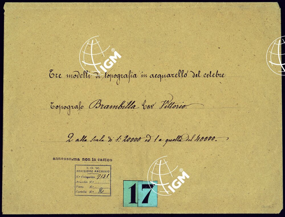 TRE MODELLI DI TOPOGRAFIA IN ACQUERELLO DEL CELEBERE TOPOGRAFO BRAMBILLA CAV. VITTORIO 2 ALLA SCALA DI 1:20.000 ED 1 A QUELLA DEL 40.000. - DISEGNO 1