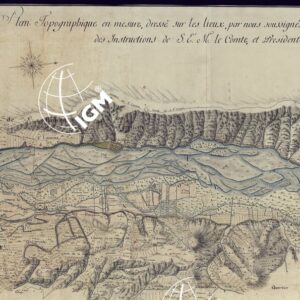 PLAN TOPOGRAPHIQUE EN MESURE, DRESSE SUR LES LIEUX PAR NOUS SOUSSIGNES INGENIEURS TOPOGRAPHES DU ROY, EN SUITTE  E DES INSTRUCTIONS DE S.E. E M. LE COMTE, ET PRESIDENT CHEF MELLAREDE.