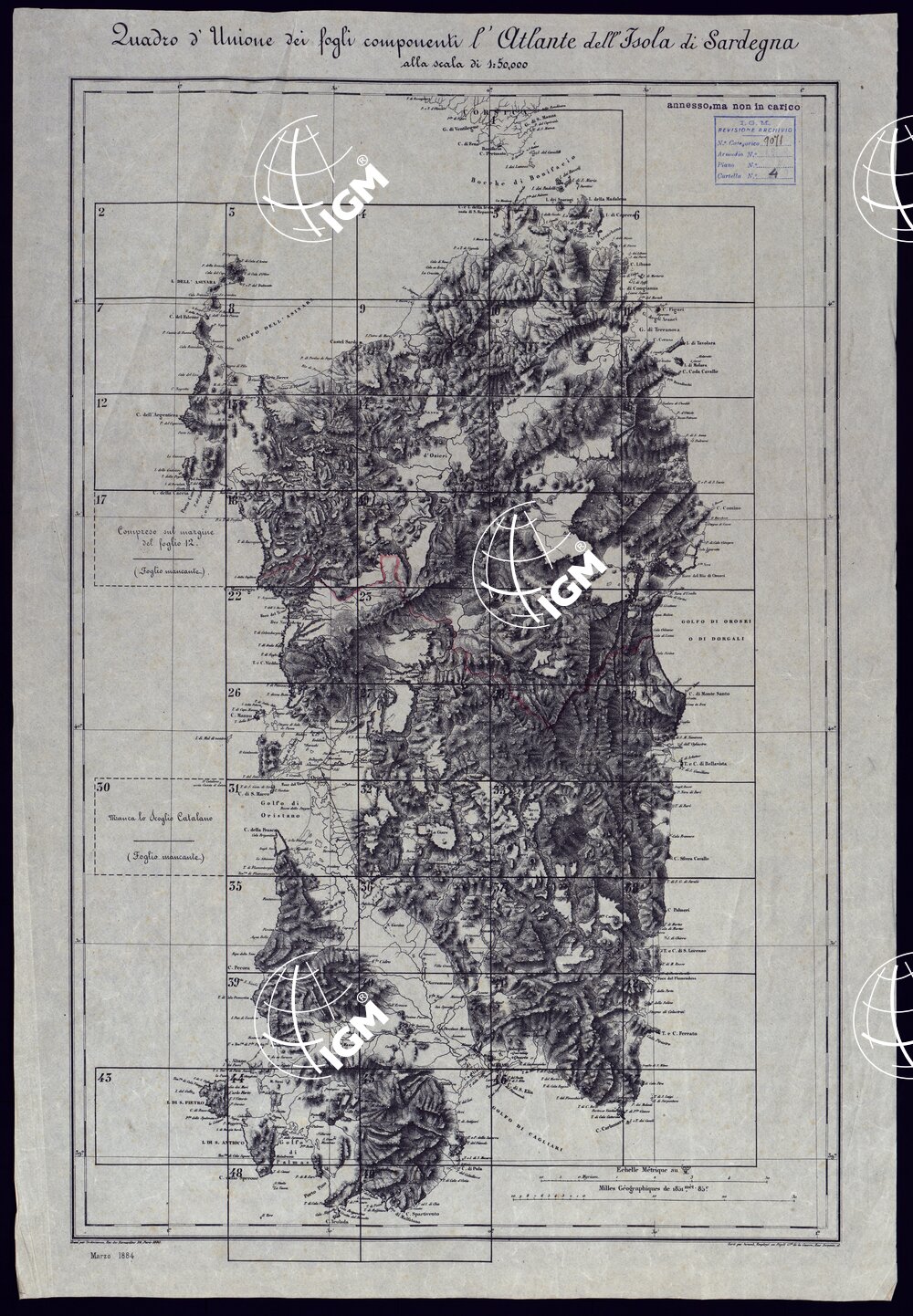 ATLANTE DELL'ISOLA DI SARDEGNA ALLA SCALA DI 1 AL 50.000 - QUADRO D'UNIONE.