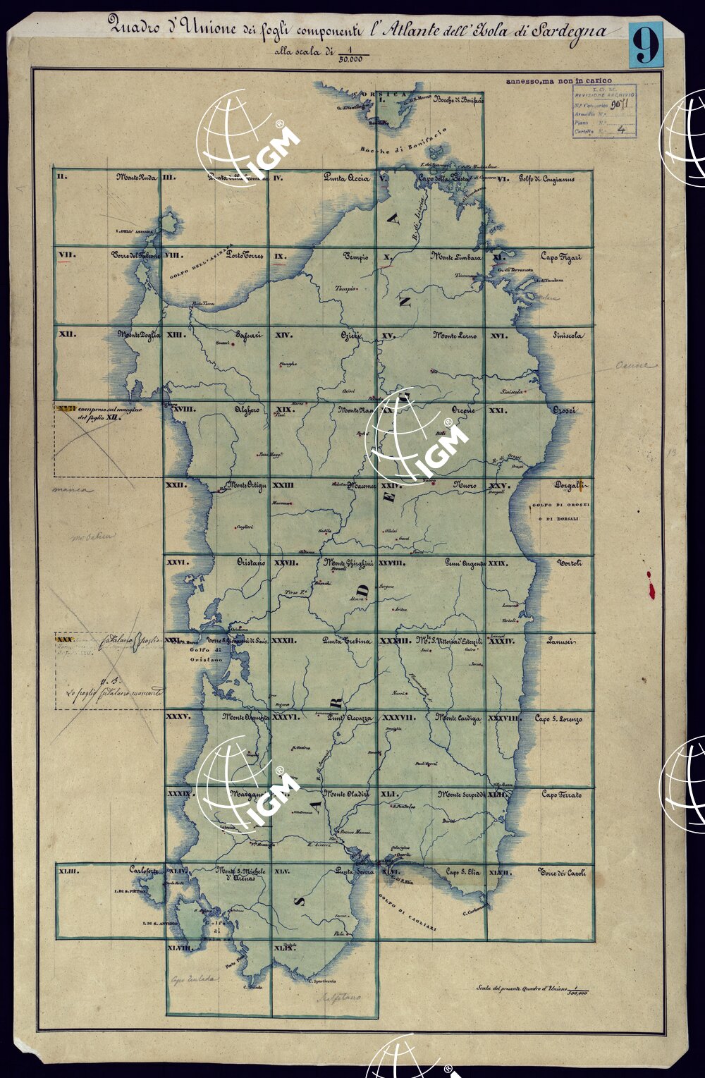 ATLANTE DELL'ISOLA DI SARDEGNA ALLA SCALA DI 1 AL 50.000 - QUADRO D'UNIONE A COLORI CON VELINA.