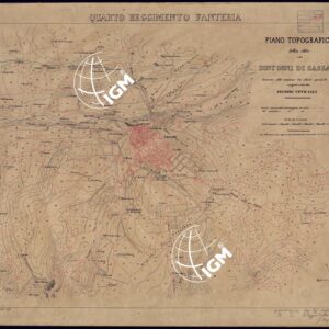 PIANO TOPOGRAFICO DELLA CITTA' E DEI DINTORNI DI SASSARI FORMATO RIUNIONE DEI RILIEVI PARZIALI ESEGUITI DAI SIGNORI UFFICIALI - QUARTO REGGIMENTO FANTERIA