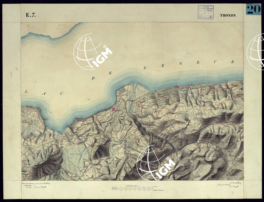 CARTA TOPOGRAFICA DEGLI STATI DI TERRA FERMA DI S.S.R.M. CARLO ALBERTO RE DI SARDEGNA FATTA DAL CORPO DELLO STATO MAGGIORE COMANDATO DAL TEN.TE GEN.LE B.NE DI MONTHOUX ALLA SCALA DI 1 50.000 1831 - FOGLIO E.7 THONON.
