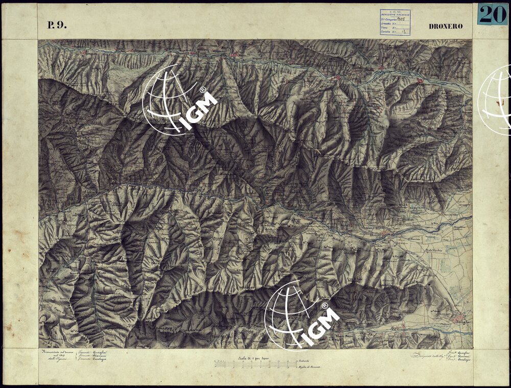CARTA TOPOGRAFICA DEGLI STATI DI TERRA FERMA DI S.S.R.M. CARLO ALBERTO RE DI SARDEGNA FATTA DAL CORPO DELLO STATO MAGGIORE COMANDATO DAL TEN.TE GEN.LE B.NE DI MONTHOUX ALLA SCALA DI 1 50.000 1831 - FOGLIO P.9 DRONERO.