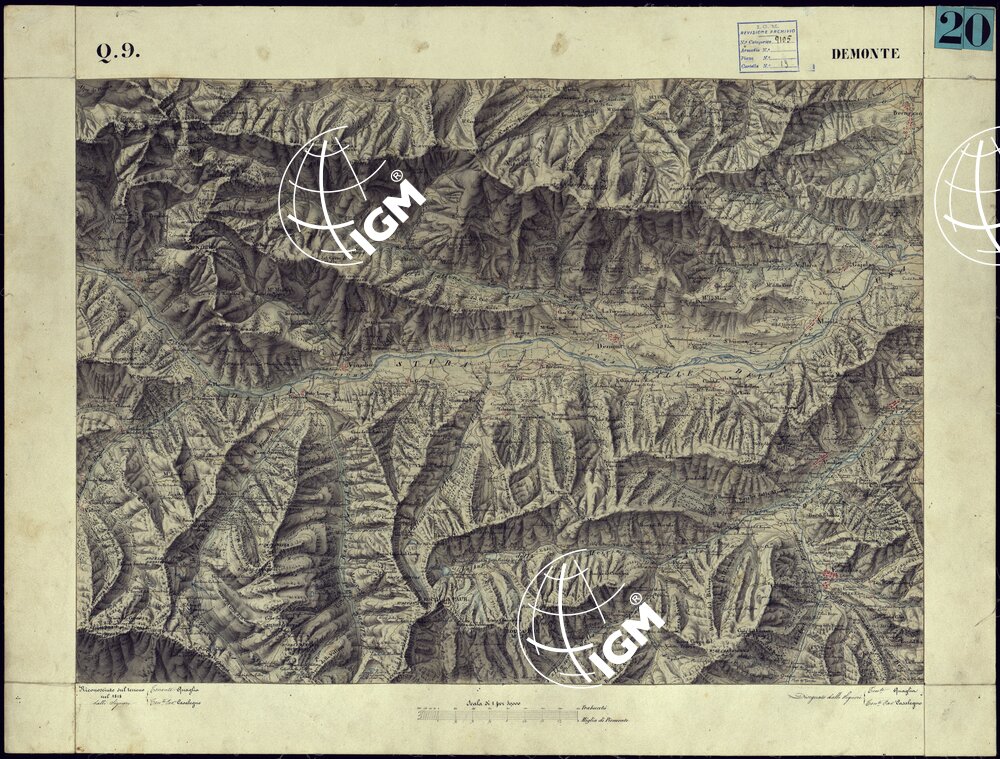CARTA TOPOGRAFICA DEGLI STATI DI TERRA FERMA DI S.S.R.M. CARLO ALBERTO RE DI SARDEGNA FATTA DAL CORPO DELLO STATO MAGGIORE COMANDATO DAL TEN.TE GEN.LE B.NE DI MONTHOUX ALLA SCALA DI 1 50.000 1831 - FOGLIO Q.9 DEMONTE.