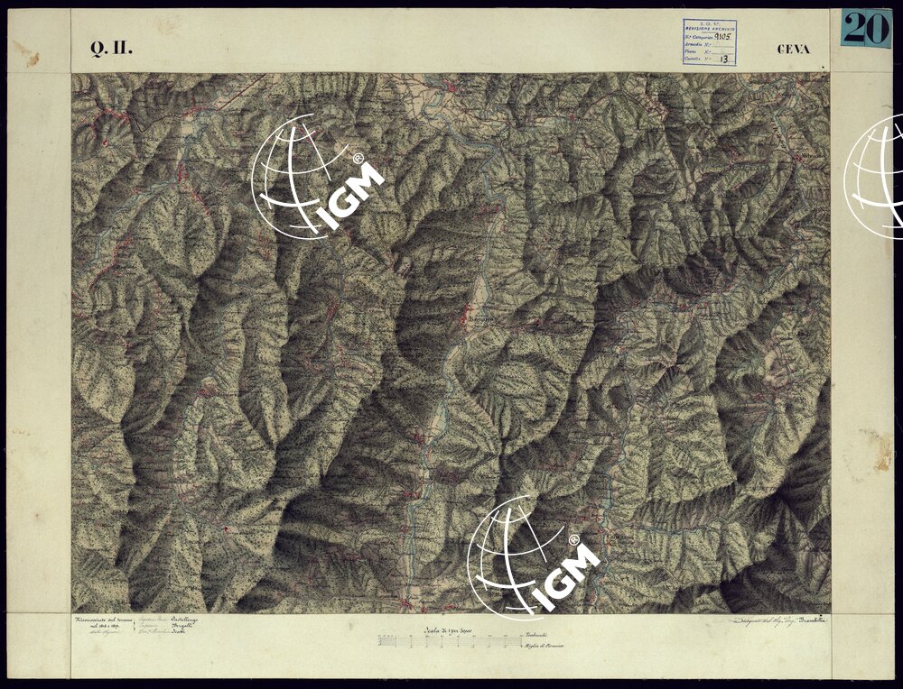 CARTA TOPOGRAFICA DEGLI STATI DI TERRA FERMA DI S.S.R.M. CARLO ALBERTO RE DI SARDEGNA FATTA DAL CORPO DELLO STATO MAGGIORE COMANDATO DAL TEN.TE GEN.LE B.NE DI MONTHOUX ALLA SCALA DI 1 50.000 1831 - FOGLIO Q.11 CEVA.