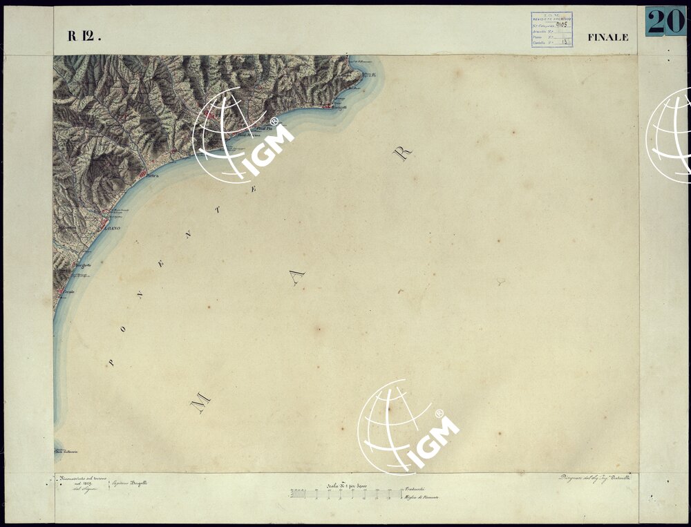 CARTA TOPOGRAFICA DEGLI STATI DI TERRA FERMA DI S.S.R.M. CARLO ALBERTO RE DI SARDEGNA FATTA DAL CORPO DELLO STATO MAGGIORE COMANDATO DAL TEN.TE GEN.LE B.NE DI MONTHOUX ALLA SCALA DI 1 50.000 1831 - FOGLIO R.12 FINALE.