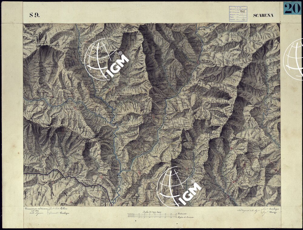CARTA TOPOGRAFICA DEGLI STATI DI TERRA FERMA DI S.S.R.M. CARLO ALBERTO RE DI SARDEGNA FATTA DAL CORPO DELLO STATO MAGGIORE COMANDATO DAL TEN.TE GEN.LE B.NE DI MONTHOUX ALLA SCALA DI 1 50.000 1831 - FOGLIO S.9 SCARENA.