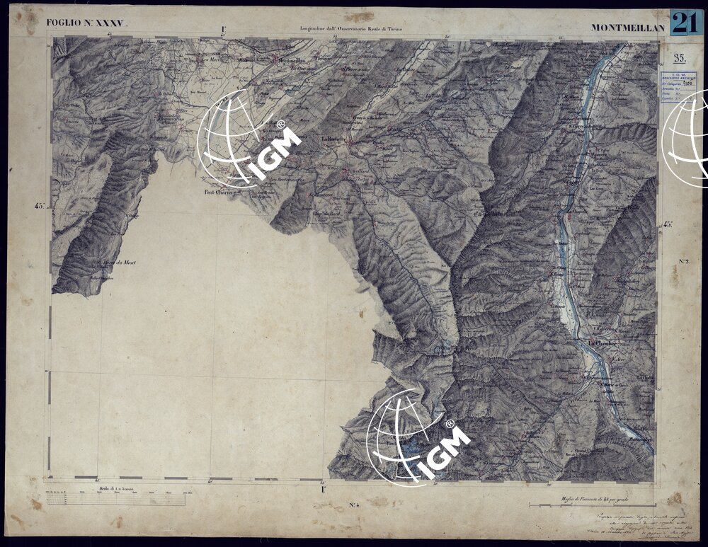 CARTA TOPOGRAFICA DEGLI STATI IN TERRAFERMA DI S.M. IL RE DI SARDEGNA ALLA SCALA DI 1 A 50.000 OPERA DEL CORPO REALE DELLO STATO MAGGIORE - FOGLIO N°XXXV MONTMEILLAN