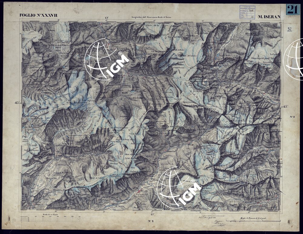 CARTA TOPOGRAFICA DEGLI STATI IN TERRAFERMA DI S.M. IL RE DI SARDEGNA ALLA SCALA DI 1 A 50.000 OPERA DEL CORPO REALE DELLO STATO MAGGIORE - FOGLIO N°XXXVII M. ISERAN